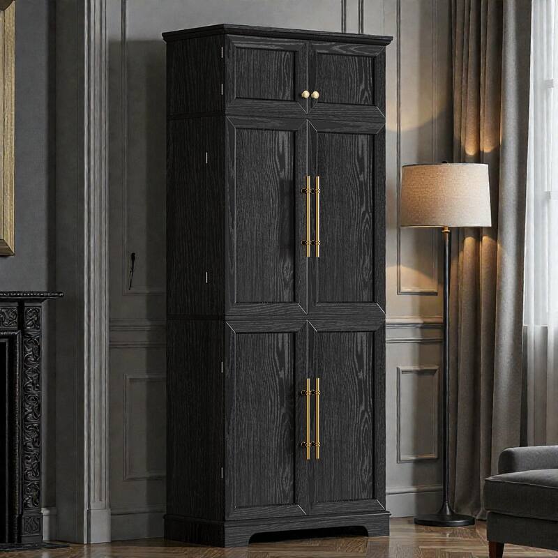 78.2" Farmhouse Kitchen Pantry Cabinet with 8 Door Shelves, Adjustable Shelves, Hidden Drawer and Wine Rack Storage - Ash Black