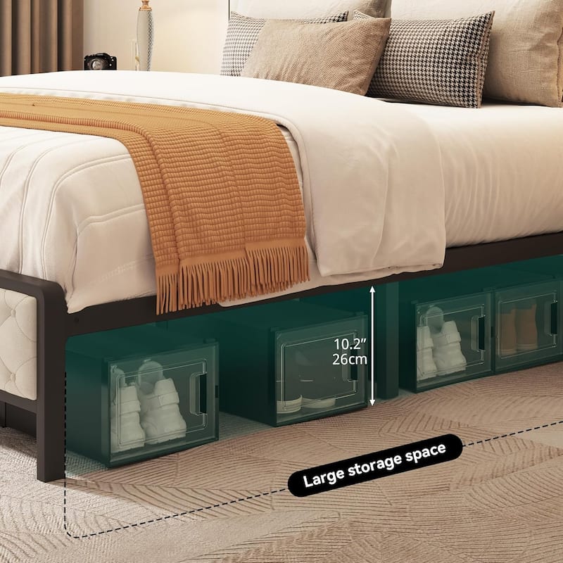 Queen Size Bed Frame, Platform Bed Frame with Charging Station, Upholstered Storage Headboard & Footboard Metal Slats Supports