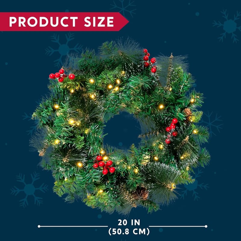 Joyfy 20" Artificial Christmas Wreath with 15" Hanger, Battery Operated