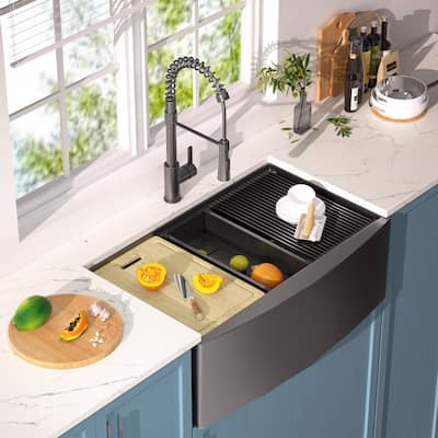 Farmhouse Workstation All In One Kitchen Sink 18 Gauge Stainless Steel Single Bowl Sink With Faucet