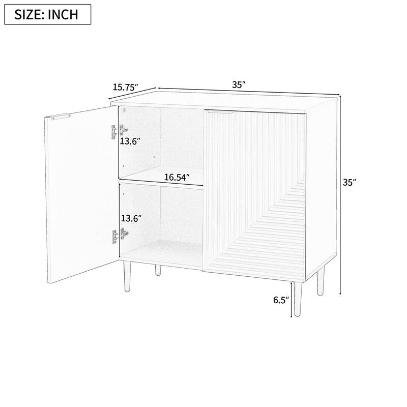 Modern Minimalist Side Cabinet with Adjustable Shelves and Geometric Doors, MDF Top and Metal Legs.