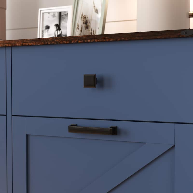 Farmhouse Double Tilt Out Trash Cabinet, Free Standing Recycling Cabinet with Hideaway Drawer, Barn Door Laundry Sorter Cabinet