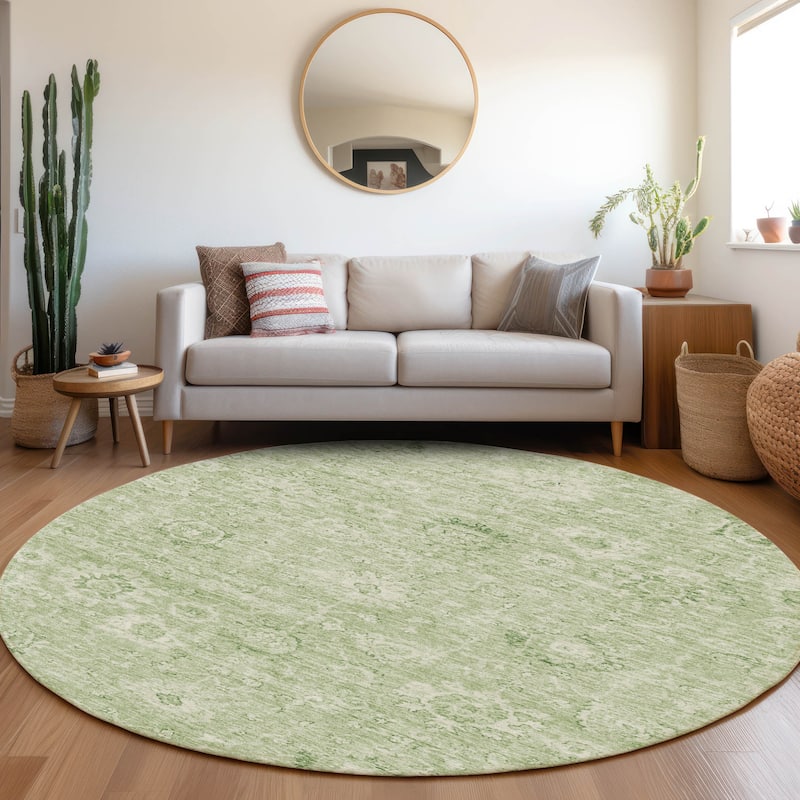 Machine Washable Indoor/ Outdoor Vintage Traditional Chantille Rug - Aloe - 8' x 8'