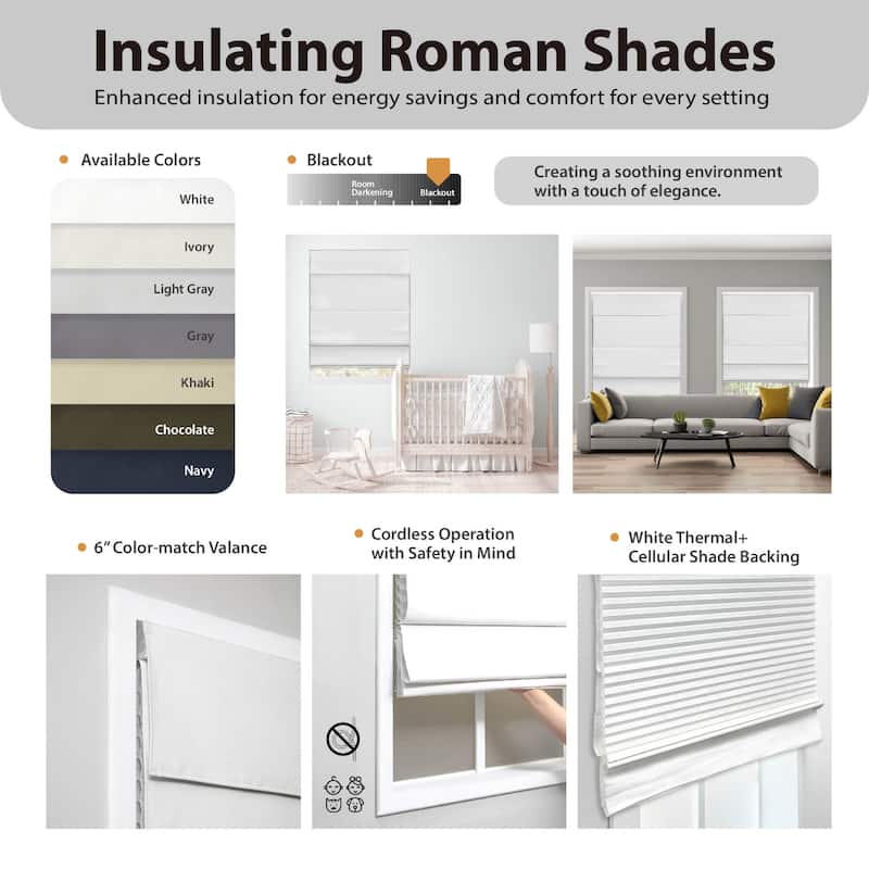72-inch White Insulating Cordless Roman Shade