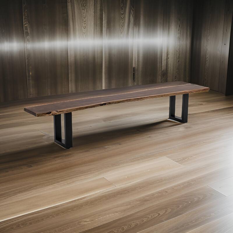 Cid Xue 102 Inch Dining Bench, Brown Live Edge Rectangular Top, Black Metal