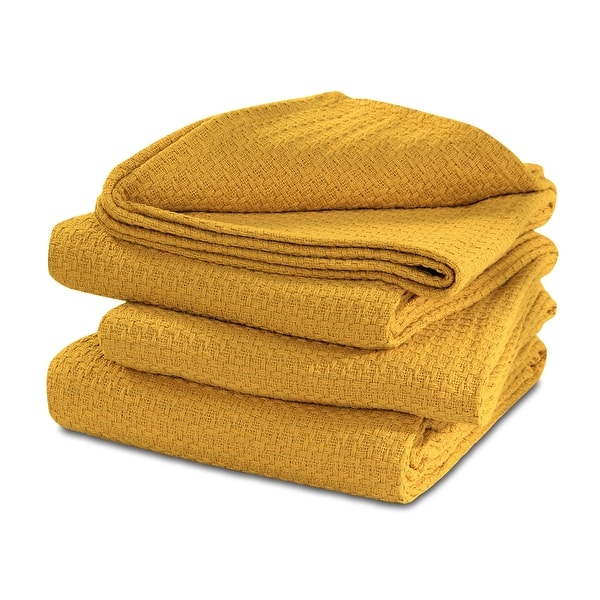 slide 2 of 6, 100% Cotton Basket Weave Thermal Bed Blanket Breathable Soft Layering All Season Medium Weight 66''x90'' - Mustard