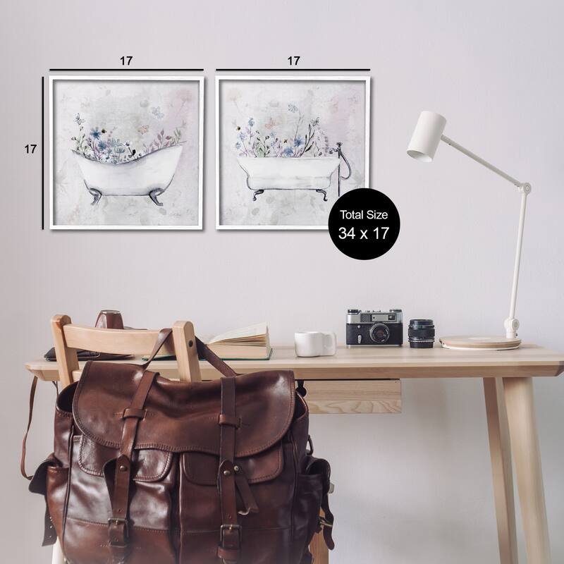 Stupell Antique Tubs with Botanics Framed Giclee Art Design By Stella Chang (Set of 2)