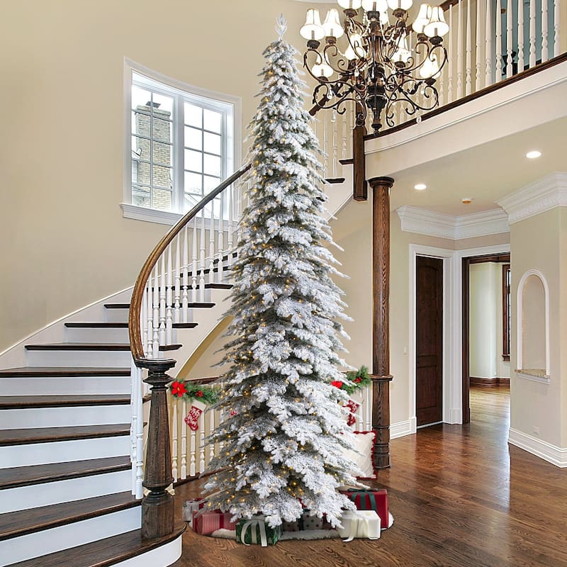 Glitzhome 15FT Pre-Lit Slim Fir or Spruce Artificial Christmas Tree with 1500/1400 Warm White LED Lights - 15 Foot - White Pencil Spruce with 1400 LEDs