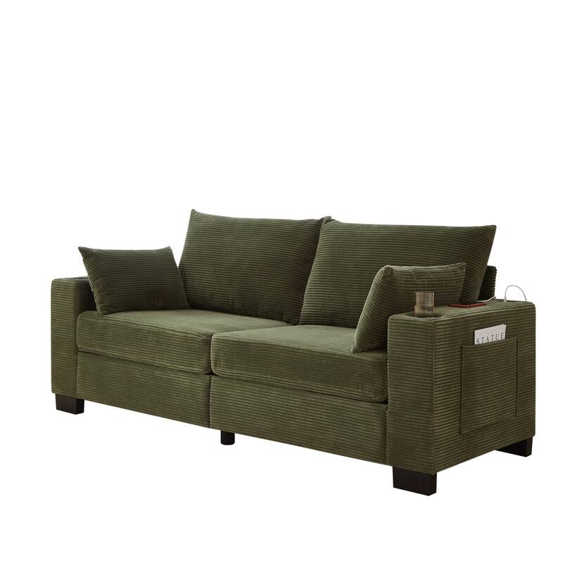 78" Corduroy 3-Seater Sofa with USB Ports, Cup Holders and Side Pockets