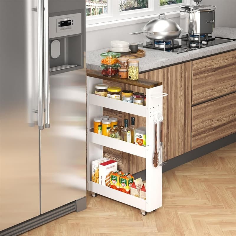 4Tier Kitchen Rolling Cart Narrow Storage Cabinet with Handle - 16.7"D x 5"W x 32"H