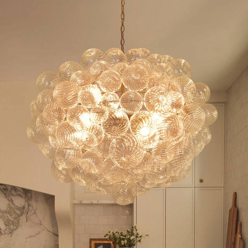 12-Light Glam Clear Twisted Glass Globe Chandelier For Dining Room - N/A - Brushed Brass