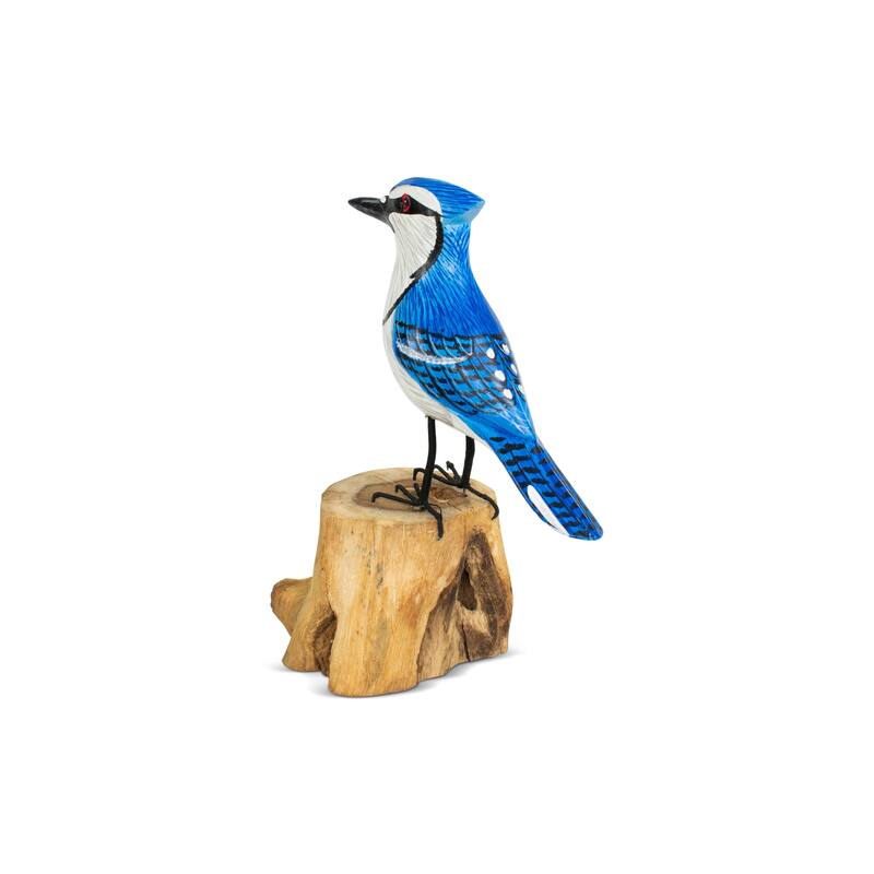 Wood Blue Jay Figurine - Hand Carved Songbird Sculpture, Nature Inspired Bird Decor - 7.5" tall x 5" wide x 3" deep