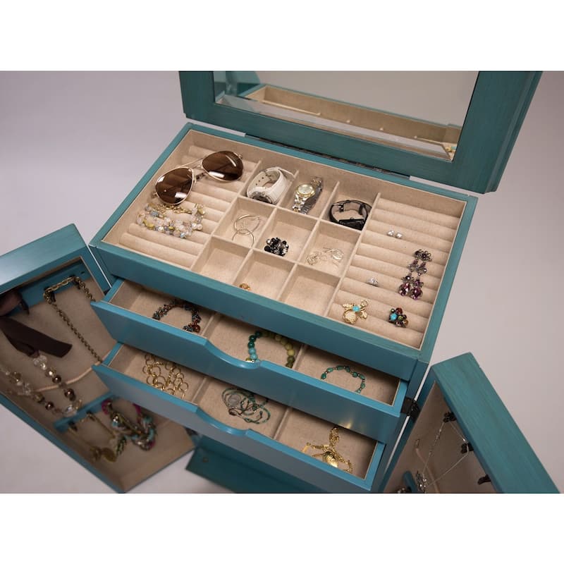 Vintage Turquoise Hand Painted Jewelry Armoire with Antique Drawer Pulls - 13.8 x 19 x 40 inches
