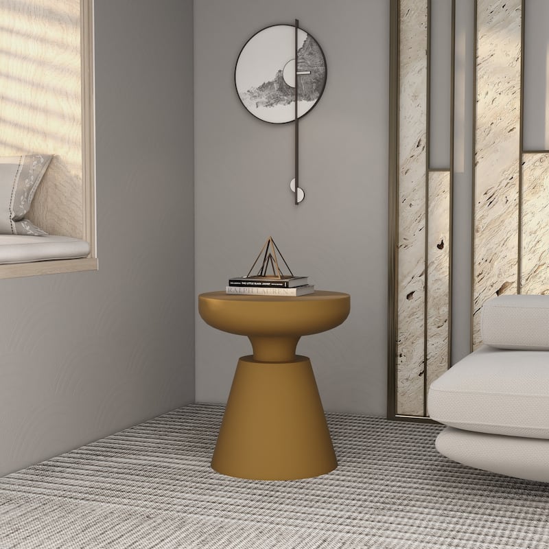 Isle Modern Round Side Table in Fiberstone for Indoor and Patio Outdoor End Table with Pedestal Base