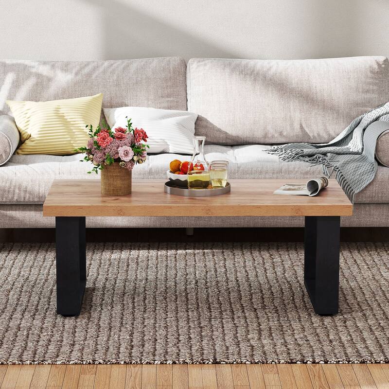Rustic Modern Coffee Table with Thickened Oak Top and Black Frame Engineered Wood Living Room Center Table 47 x 23