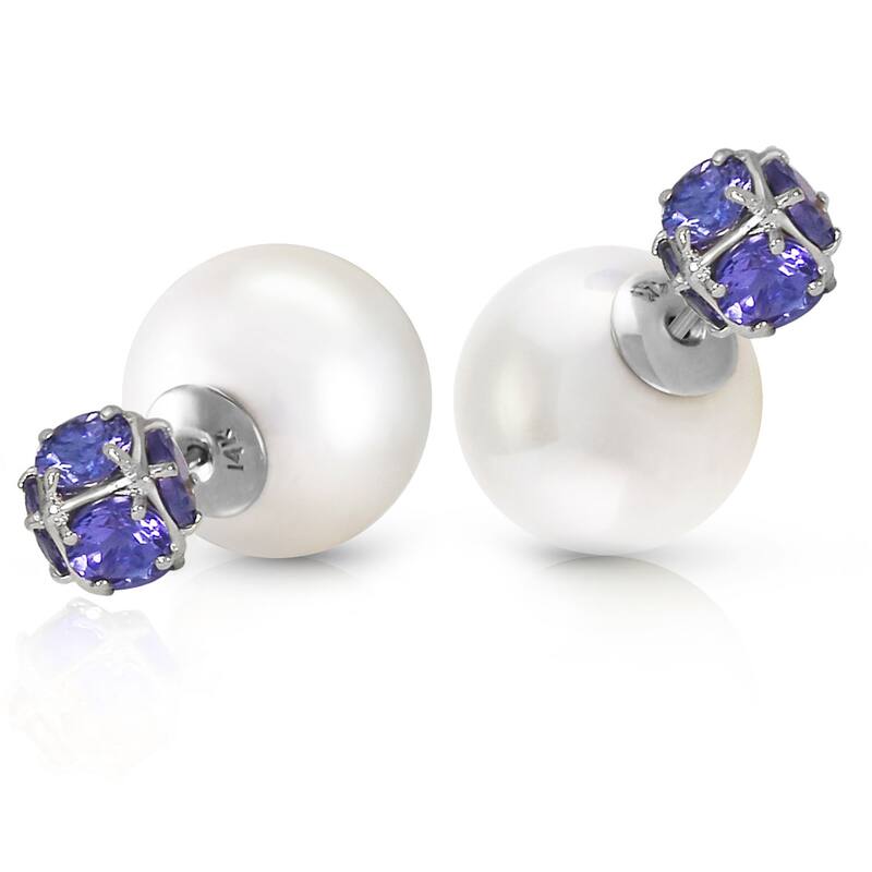 14K Solid Gold Tribal Double Shell Pearls And Tanzanites Stud Earrings - White
