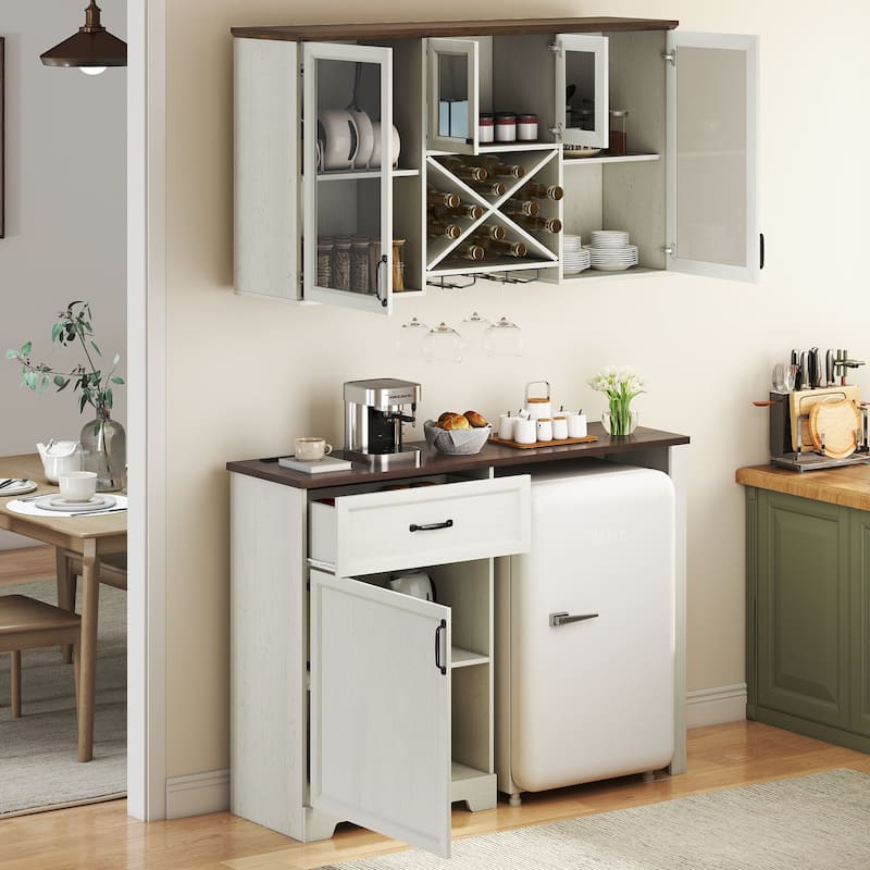 Moasis Kitchen Pantry Storage Cabinet with Mini Fridge Space Wall Mount Cabinet and Glass Doors for Organized Kitchen Storage
