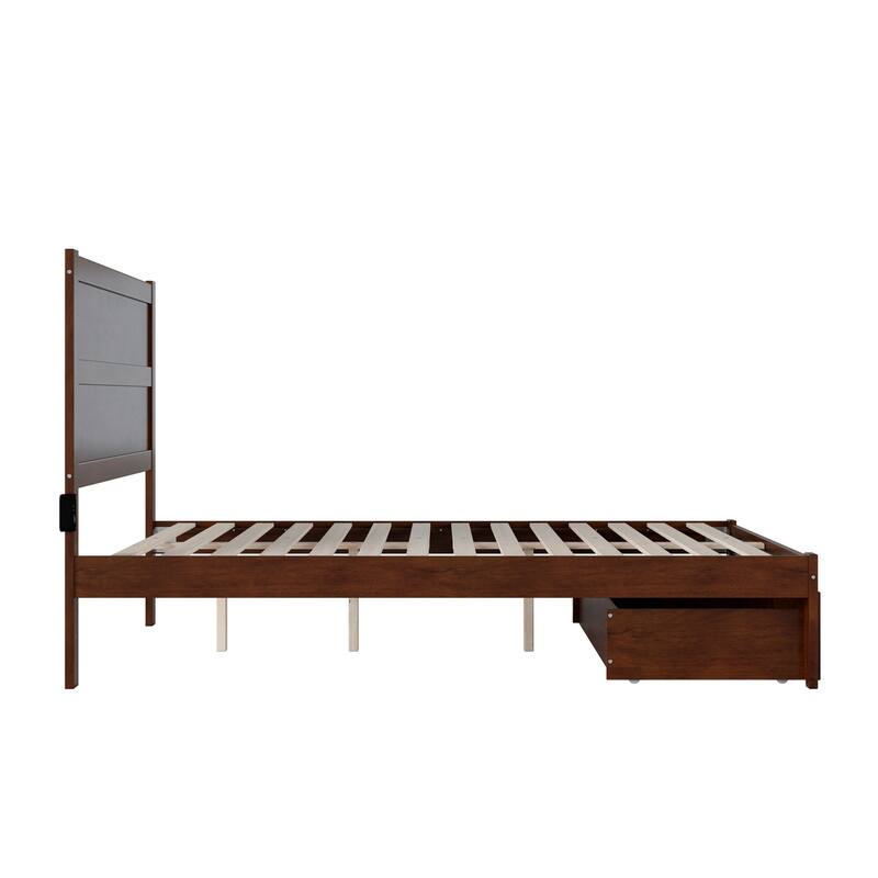 Walnut Platform Bed with Storage Drawer - Modern Wood Slat Bed Frame - HomeStock Noho