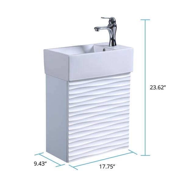 17.75" Ripple White Wall Mount Bathroom Vanity with Sink, Chrome Faucet, Pop-Up Drain and Overflow