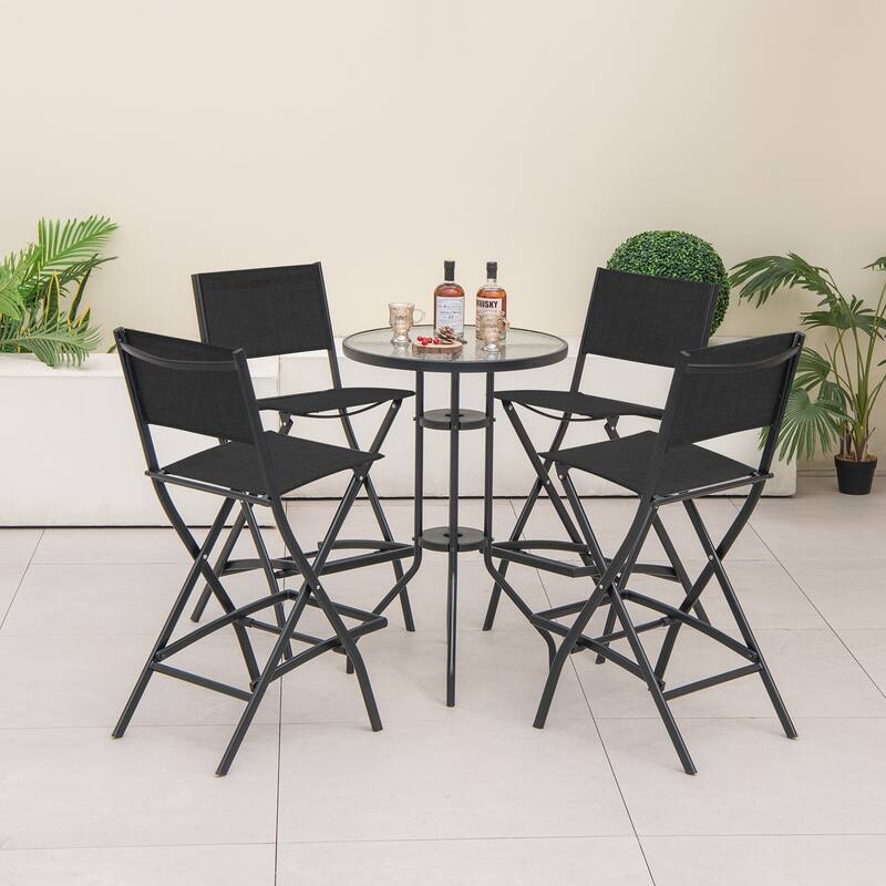Gymax Folding Bar Stools Set of 4 Patio Sling Chairs w/ Backrest