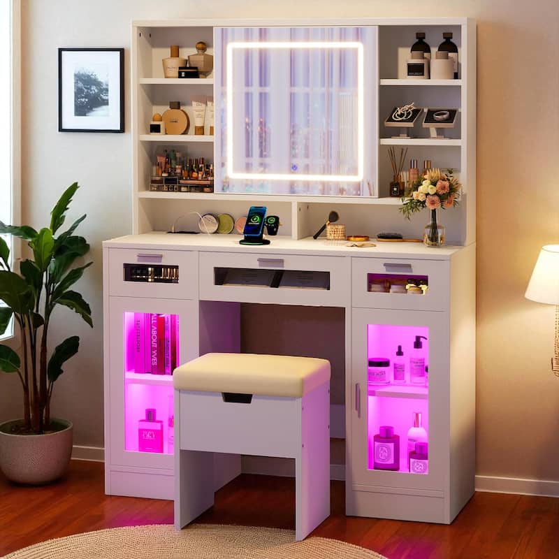 41.3" Makeup Vanity with Sliding Mirror, RGB Cabinets, Charging Station, LED Lights, Storage Stool & Drawers