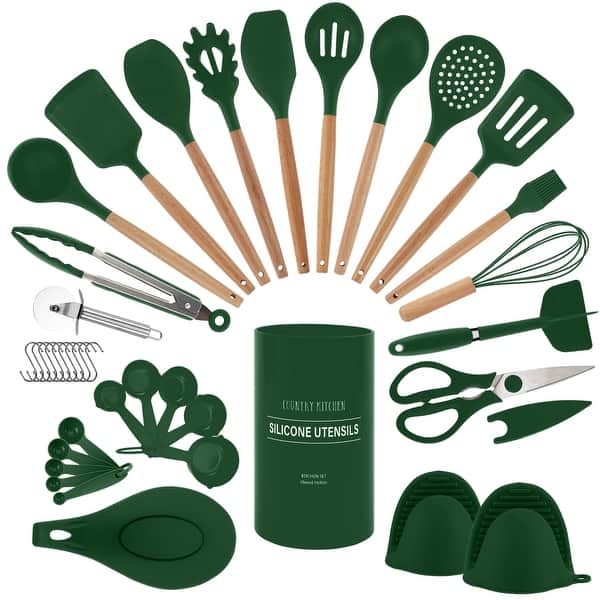 Country Kitchen Non Stick Silicone Utensil Set with Rounded Wood Handles for Cooking and Baking, 38 Piece Set - Green