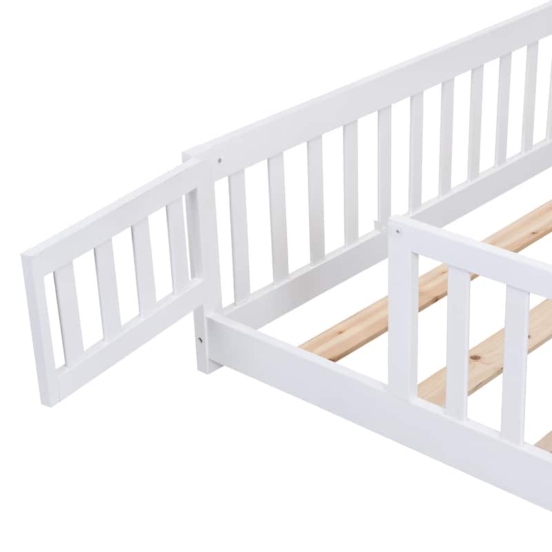 Floor Bed with Door,Solid Wood Platform Bed Frame with Fence