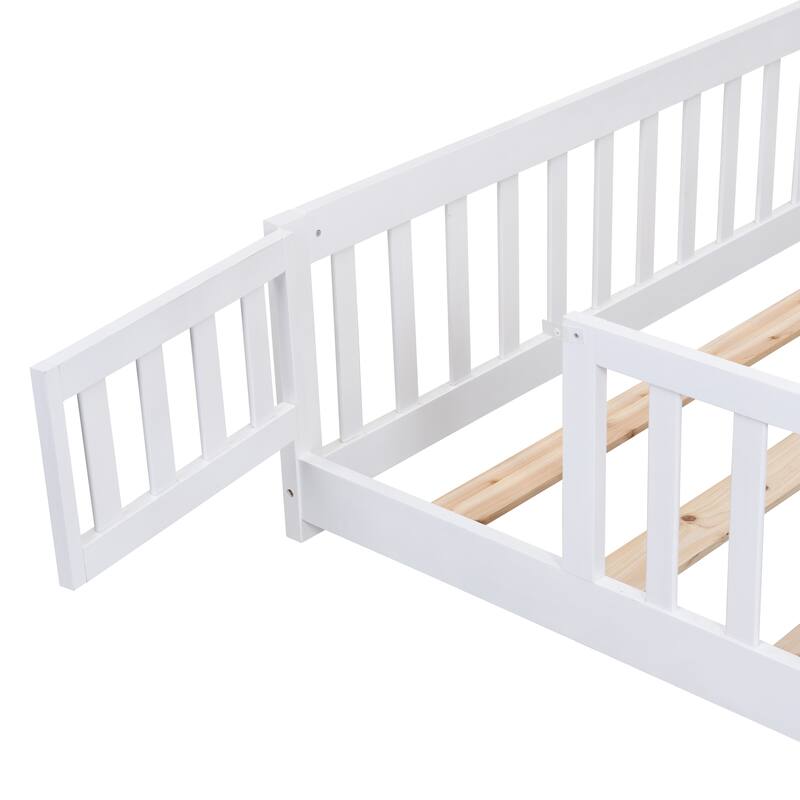 Twin Size Floor Bed with Safety Door, Solid Wood Platform Bed Frame with Fence, Ideal for Kids, Pine Wood, White