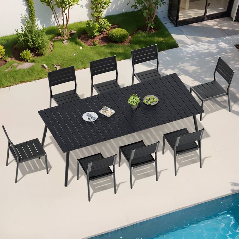 9-Piece Aluminum Outdoor Dining Set with Umbrella Hole and Stackable Chairs