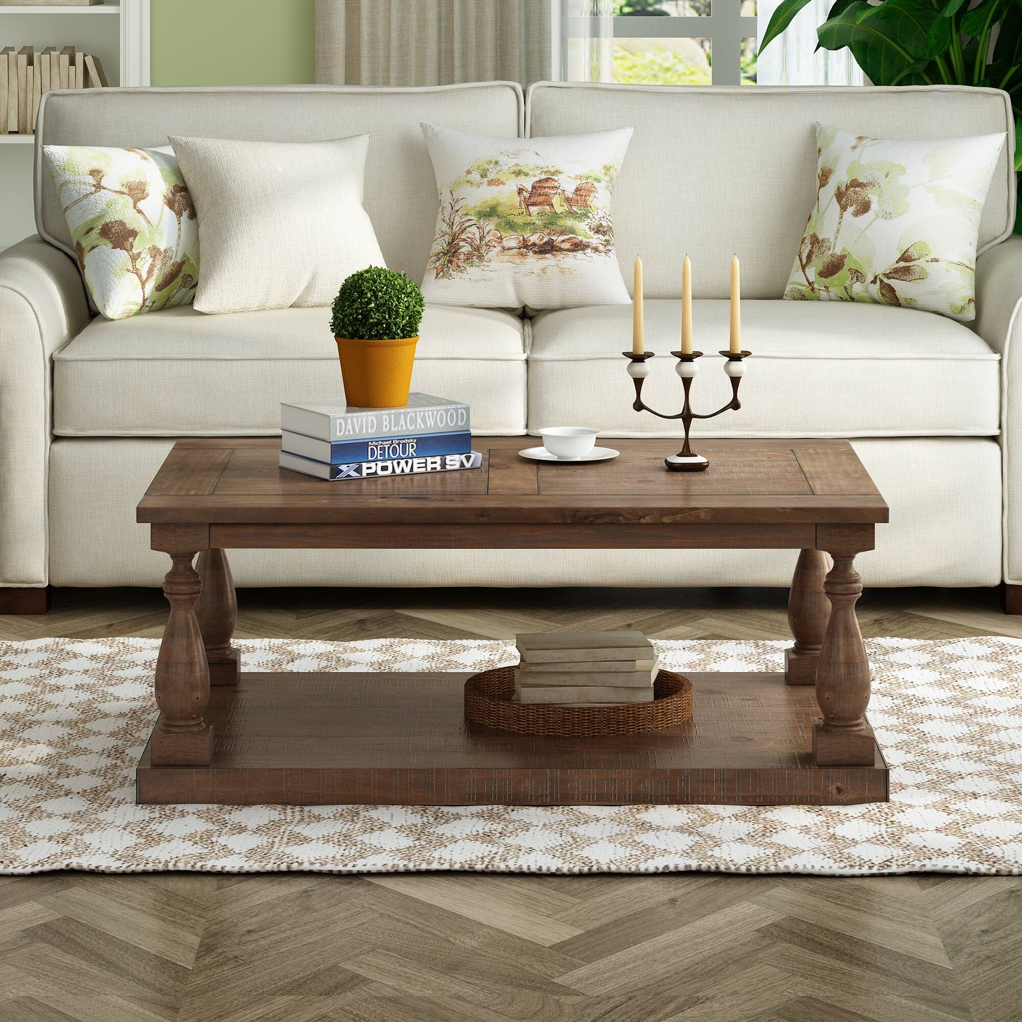 Rustic Floor Shelf Coffee Table With Storage,Solid Pine Wood Coffee