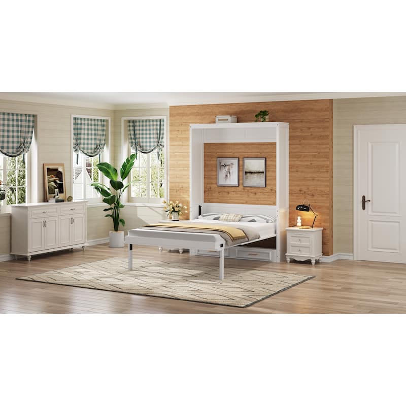 Space-Saving Full Size Murphy Bed with 2 Drawers, Beige Finish