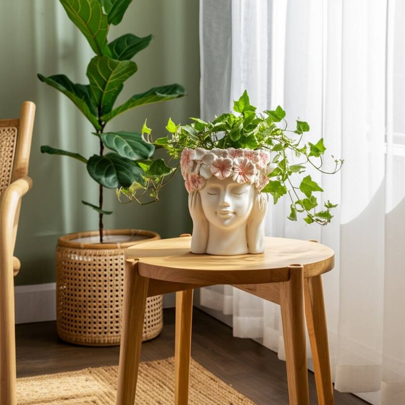 Unique Bust Style Resin Planter or Flower Pot with Crown Detail - Ivory/ White/pink - 11.0"