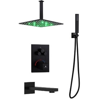 Matte Black Ceiling Mount 12" LED Rainfall Shower Head 3 Way ...