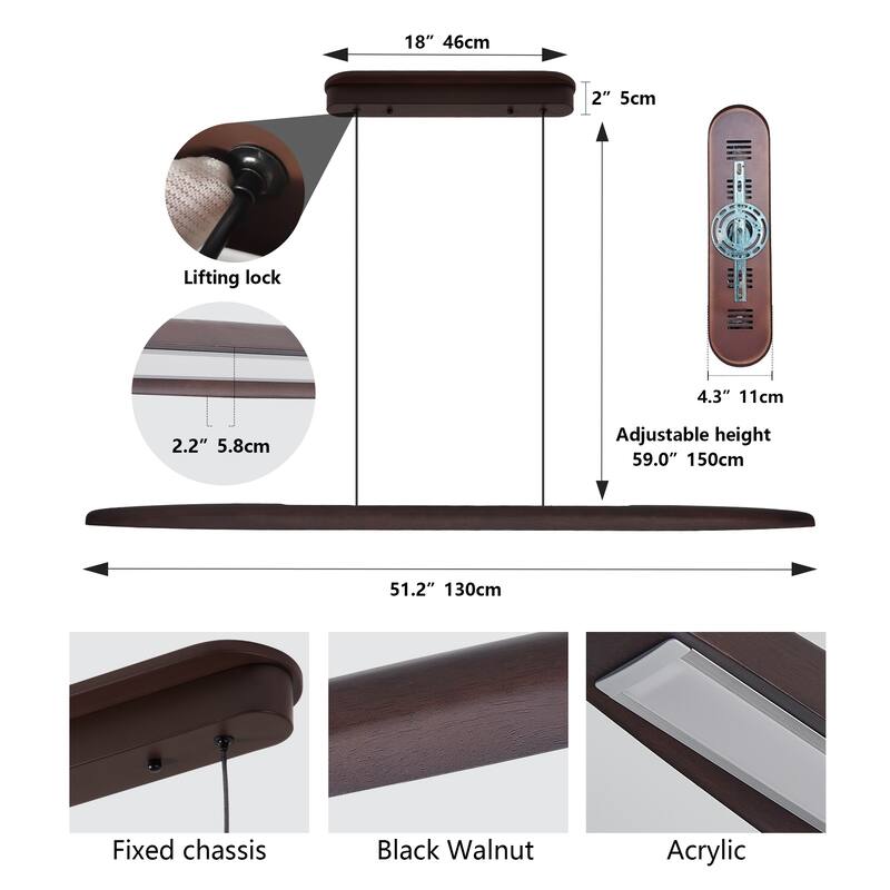 51-inch Streamline Wooden LED Pendant Light with Remote Control, Adjustable Hanging Light for Dining Room, Living Room - Walnut