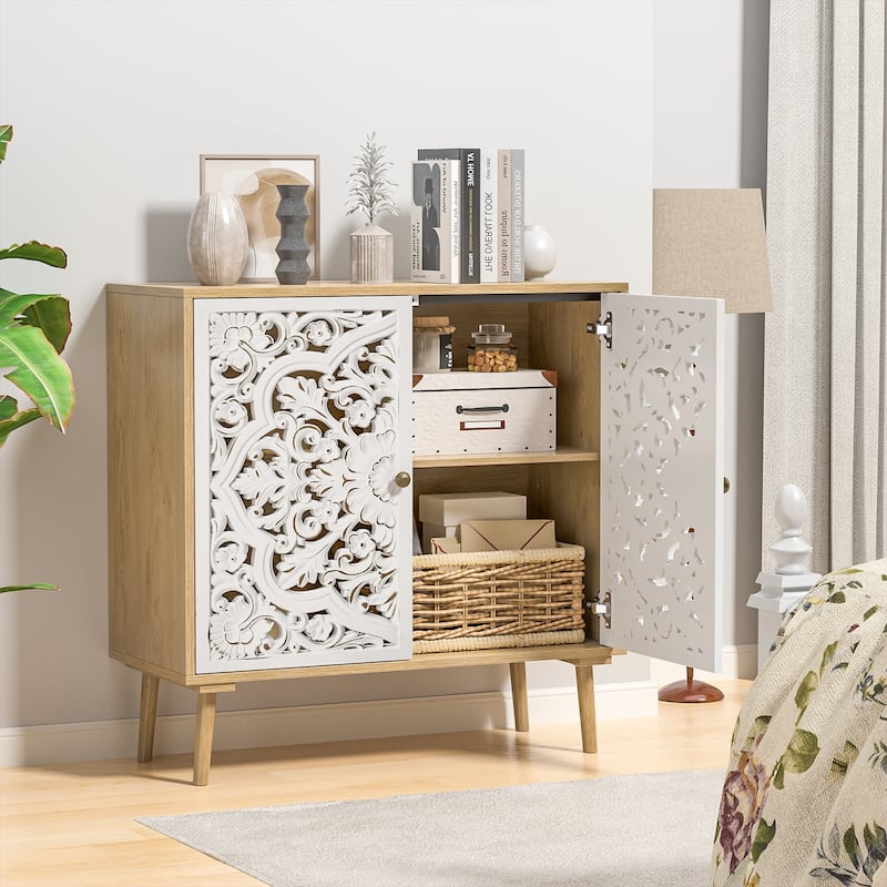 Anmytek Modern 2-Door Wood Sideboard Buffet Vintage Carved Storage Cabinet with Adjustable Shelf - 31.5" W x 13.8" D x 31.5" H