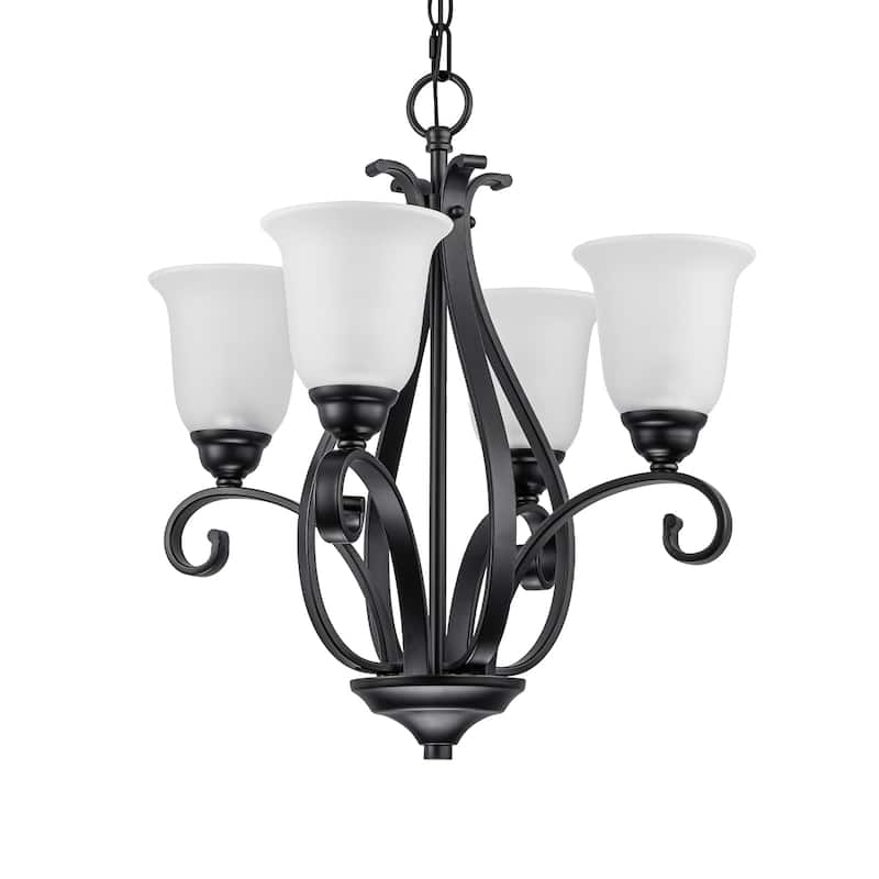 Matte Black 4-Light Candelabra Chandelier with Bell Glass Shades - Dia.8.39-in