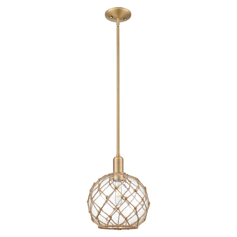 Innovations Lighting Endless Possibilities Arcadia - Farmhouse Rope - 1 Light 10" Stem Hung Mini Pendant - Brushed Brass/Clear Glass with Brown Rope