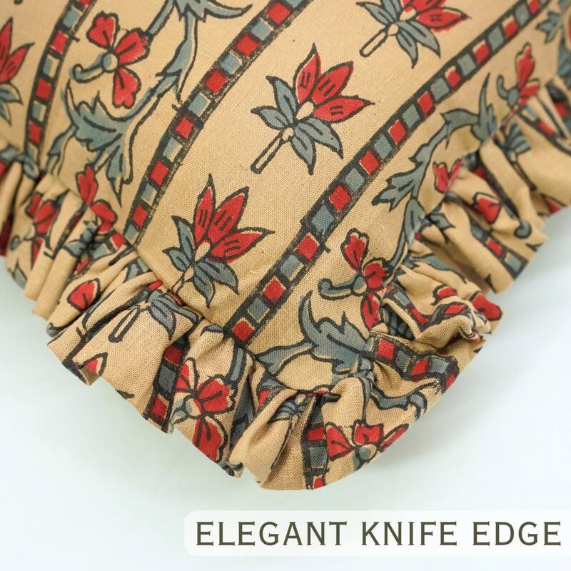 Fabdivine Viscose Linen Floral Frill Pillow Cover Both Side Print Hand Block Cushion