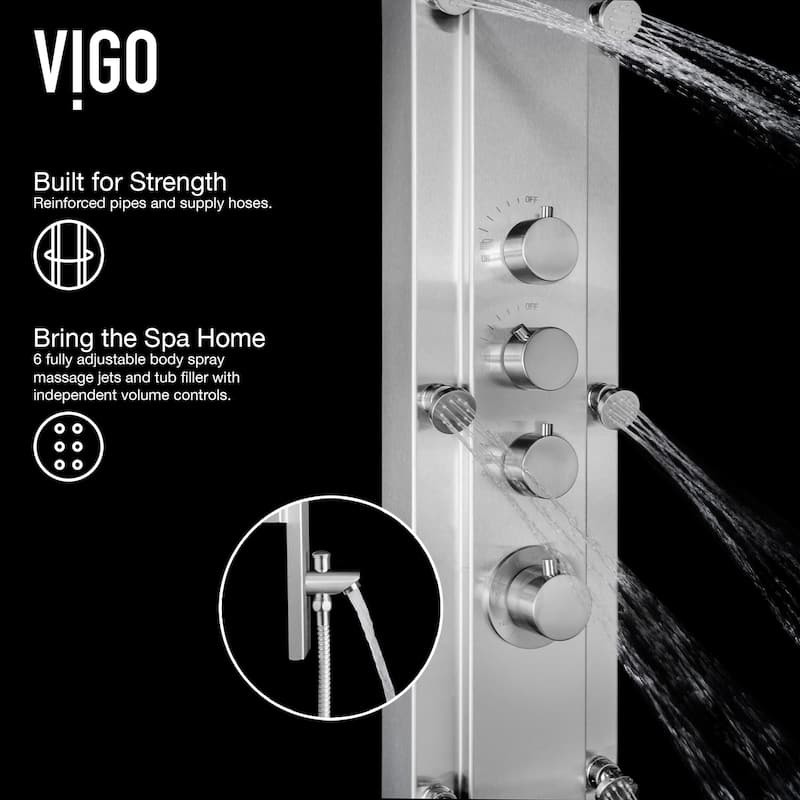 VIGO Mateo 60" H x 7" W 6-Jet Shower Panel with Fixed Rainhead in Stainless Steel