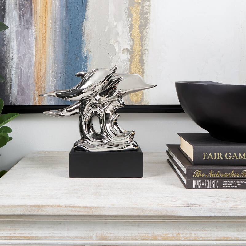 Silver Ceramic Animal Sculpture with Black Block Base - Silver - 10"W, 9"H