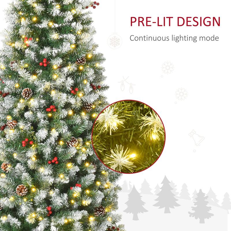 Snow-Flocked Artificial Christmas Tree with LED Lights, Pine Cones & Red Berries, 6ft, 7.5ft, 9ft