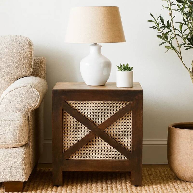 Accent Ottoman Table, 16 Inch Square, Boho Style, Cane Wicker