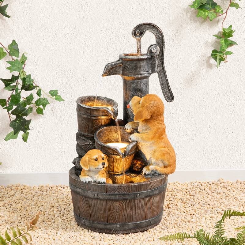 Glitzhome 23.75"H Cute Dog Playing Around the Water Pump Polyresin Outdoor Fountain with Pump and LED Light