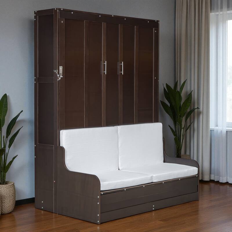 Queen Size Murphy Wall Bed with Folding Cushion Chair, Space-Saving Cabinet Bed for Guest Room or Home Office - Espresso - Queen