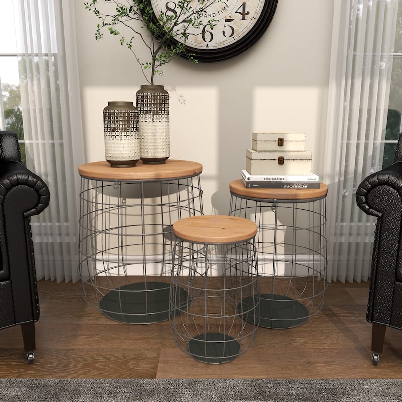 Brown Metal Decorative and Functional Storage Basket with Wood Lids (Set of 3)