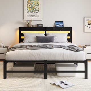 Queen Platform Bed Frame with USB, LED, Steel Slats, No Box Spring Needed