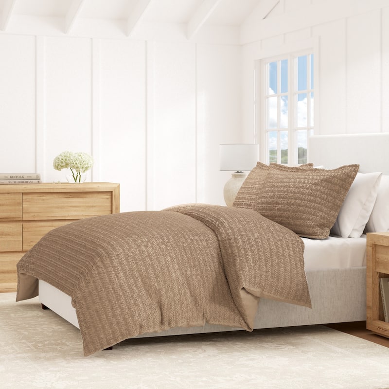 Linery & Co. 100% Cotton Reversible Honeycomb Waffle / Percale Duvet Cover Set - Clay - Queen