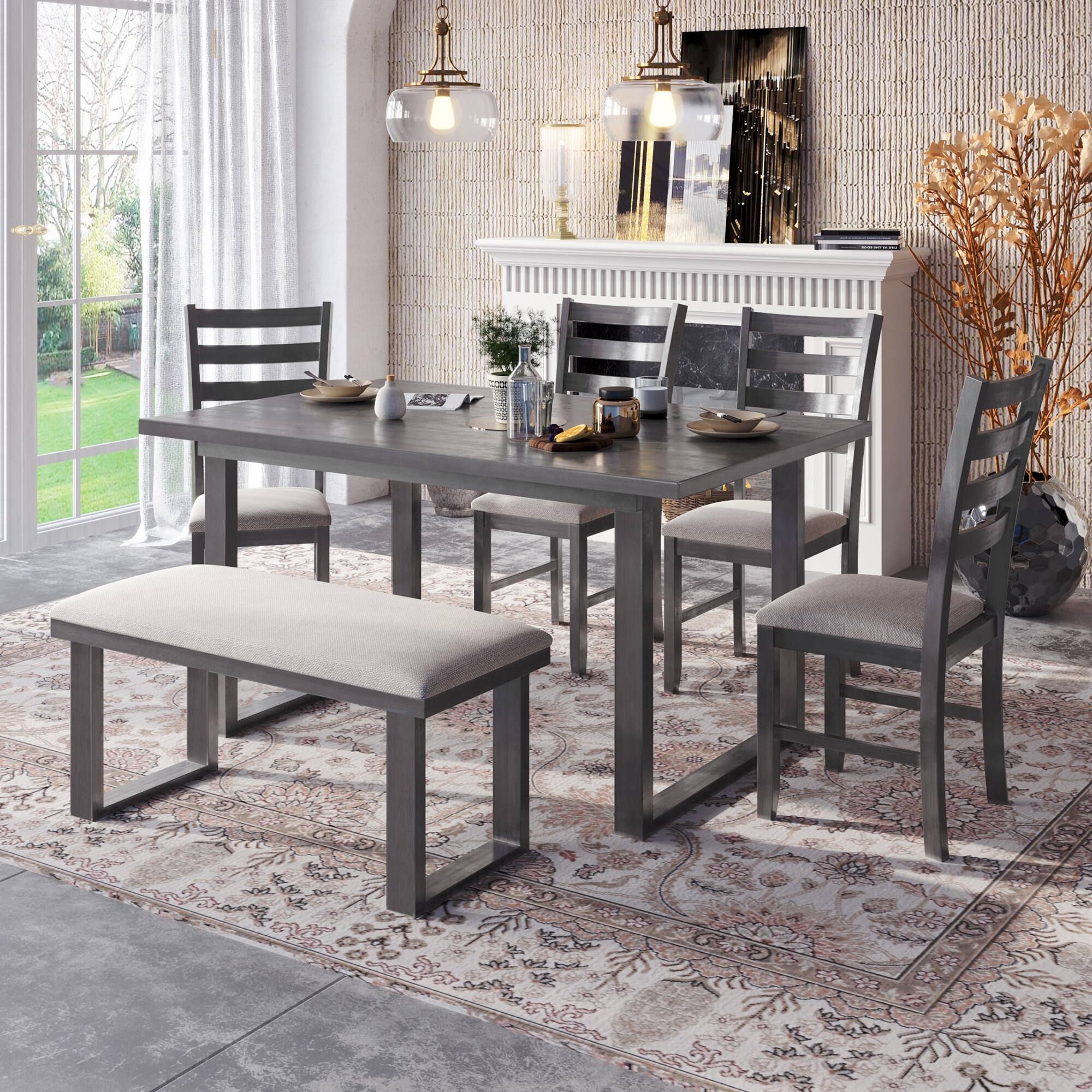 6Piece Solid Wood Dining Set Rectangular Table, 4 Chairs, and Bench