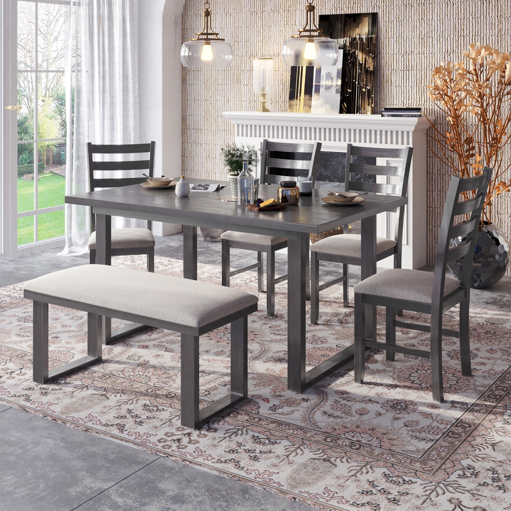 Modern 6 Pieces Solid Wood Dining Set with Rectangular Dining