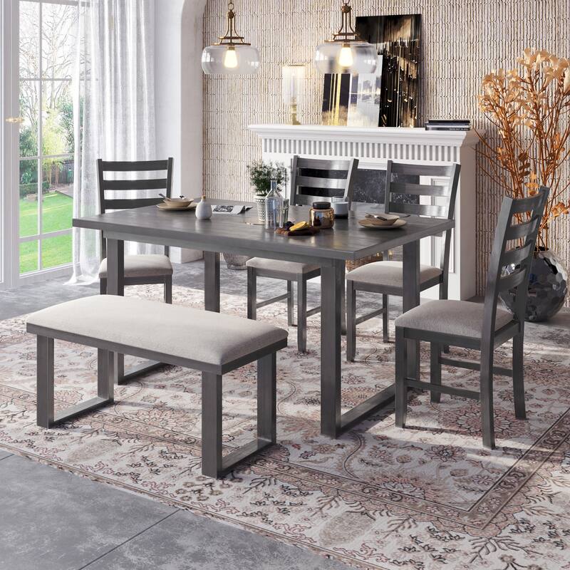 Modern Minimalist Dining Table and Chair Sets Farmhouse Kitchen Dining Table Sets with Ladder Chair Back for Family Gathering - Grey